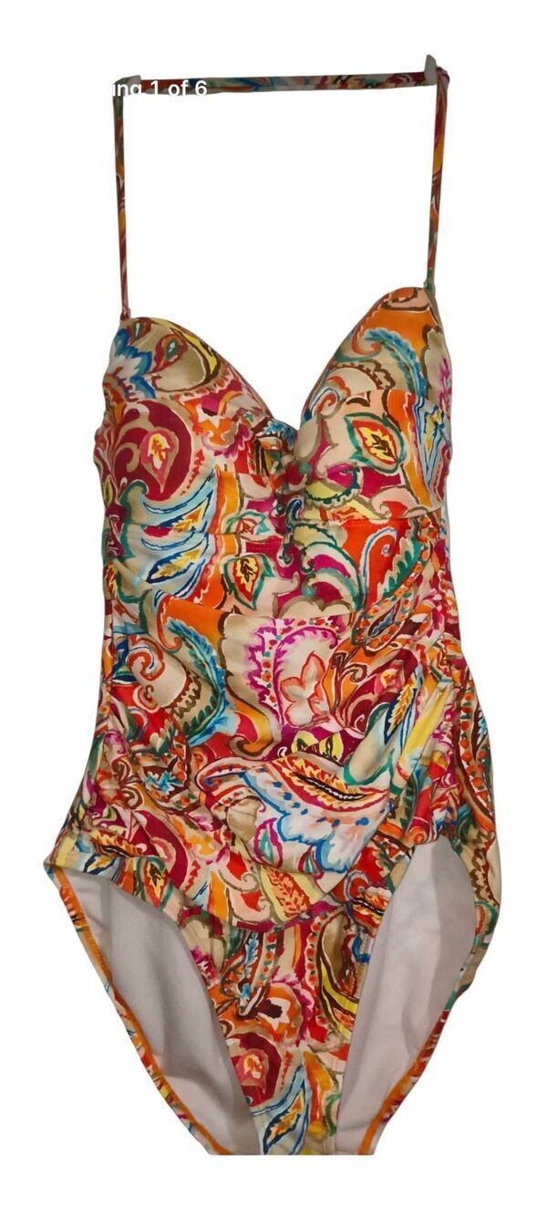 Lauren Ralph Lauren Paisley Print One Piece Swimsuit halter neckline ruched side